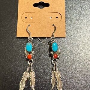 Sterling Silver Turquoise Coral Feather Dangle Earrings Rita Largo Navajo